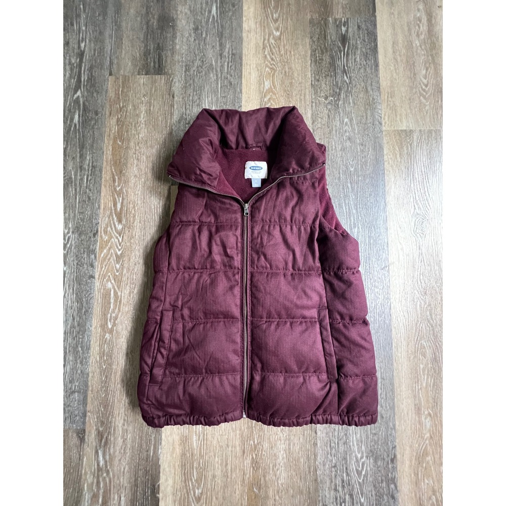 Old Navy Puffer Vest Womens Medium Burgundy Quilted Fleece Lined Full Zip Funnel